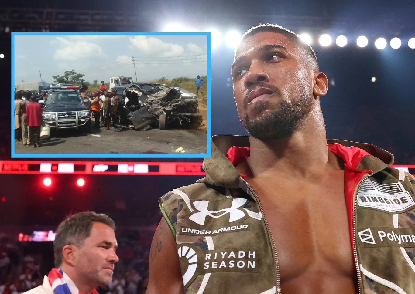 Anthony Joshua Bokser w ringu podczas wydarzenia sportowego, w tle widoczne światła areny, w lewym dolnym rogu obecny trener lub menadżer. W prawym górnym rogu zamieszczone zdjęcie z miejsca poważnego wypadku samochodowego, przy którym stoi tłum ludzi oraz radiowóz.