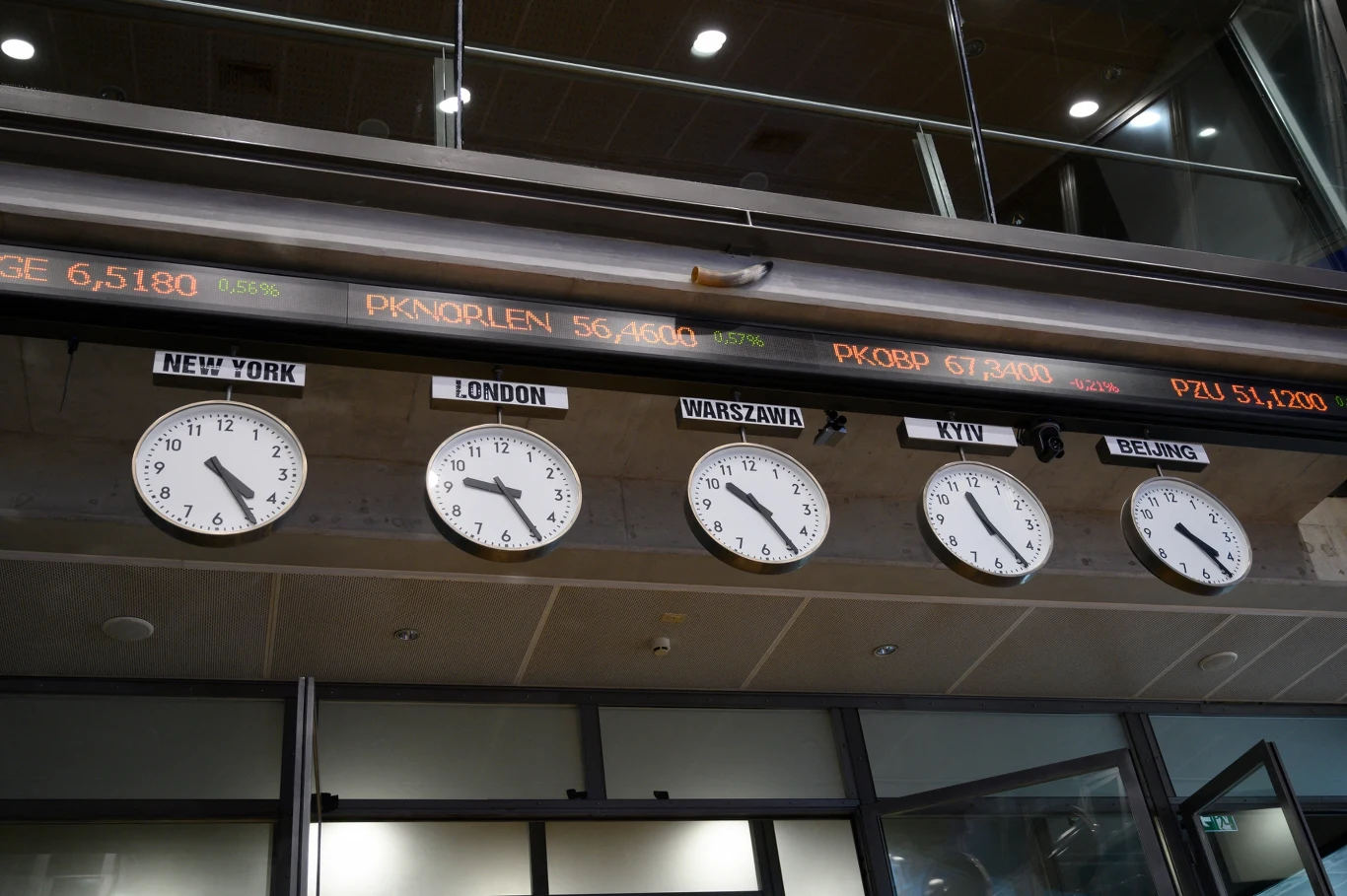 Pierwsza w 2026 roku sesja na GPW w Warszawie był równie udana, jak cały poprzedni rok. Zdjęcie ilustracyjne Pięć zegarów ściennych wskazujących aktualną godzinę w różnych miastach świata: Nowy Jork, Londyn, Warszawa, Kijów i Pekin, powyżej których widoczny jest sufit z ekranem prezentującym notowania giełdowe.