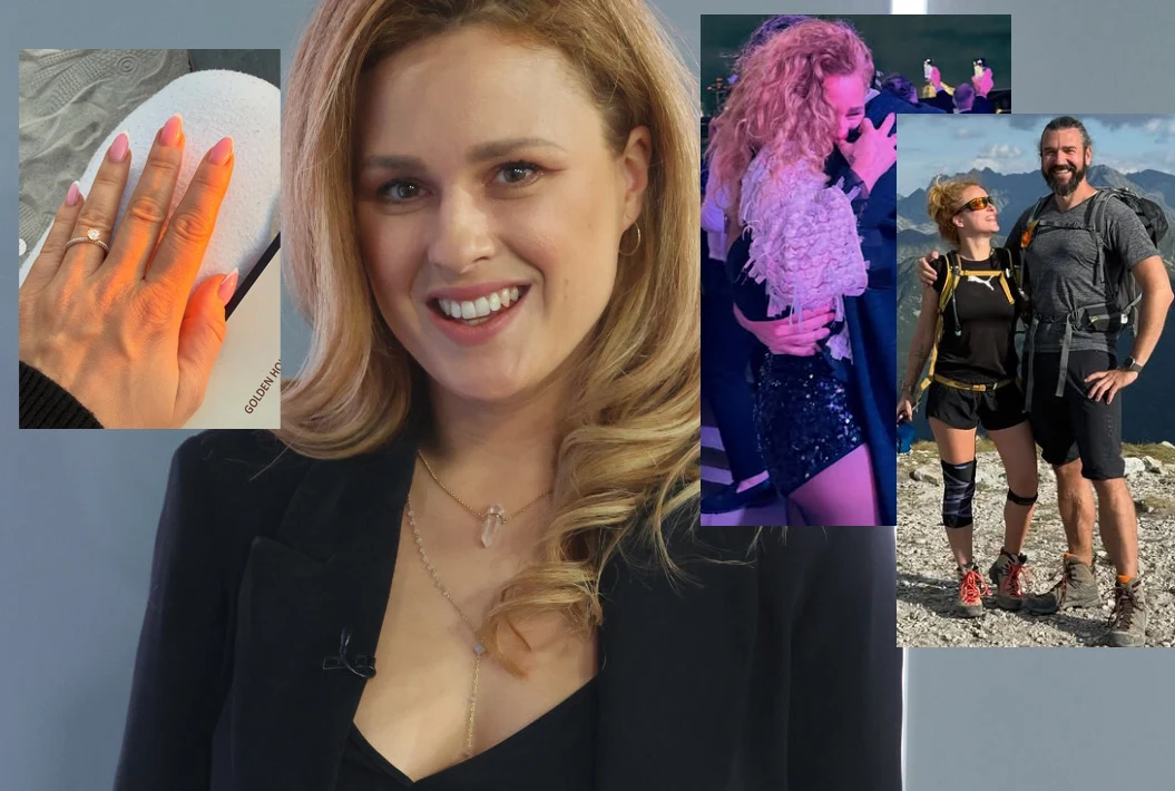 Uśmiechnięta kobieta ubrana w ciemną marynarkę na pierwszym planie, wokół niej kolaż zbliżenia dłoni z pierścionkiem zaręczynowym, scena występu na scenie oraz fotografia kobiety i mężczyzny w stroju trekkingowym w górskim otoczeniu.