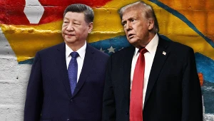 Prezydenci Xi Jinping i Donald Trump. W tle mural z mapą Wenezueli
