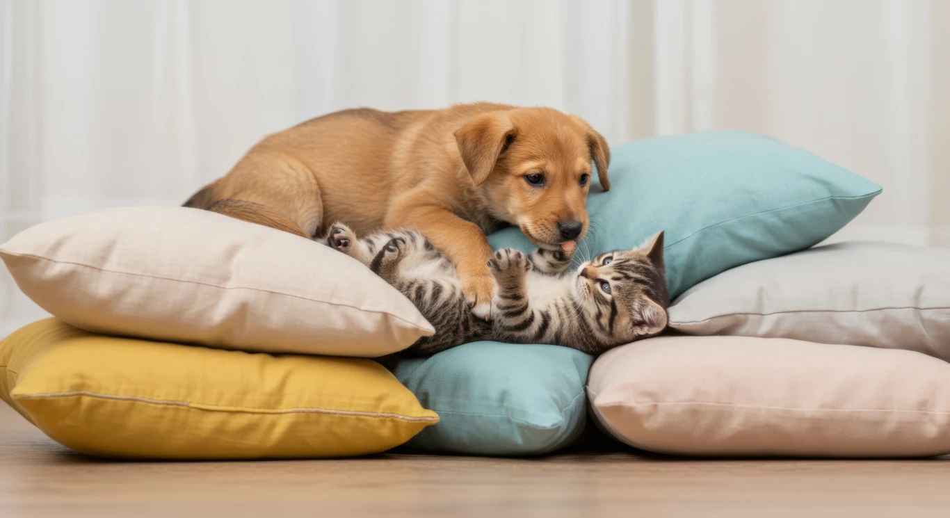 Szczeniak i kociak bawią się razem na ułożonych jeden na drugim kolorowych poduszkach, tworząc pogodną i przyjazną atmosferę.