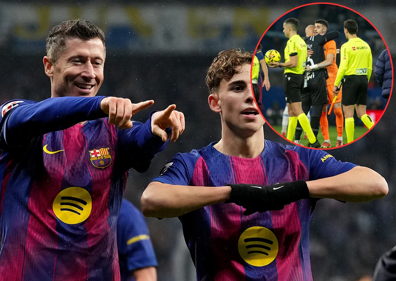 Hiszpanie nie mieli żadnych wątpliwości. To on był prawdziwym bohaterem Barcelony Dwaj piłkarze FC Barcelona świętują strzelenie bramki, uśmiechając się i wykonując gesty rękami, w tle widoczni kibice. W okręgu powiększenie ukazuje scenę rozmowy kilku zawodników i sędziego z piłką na murawie.