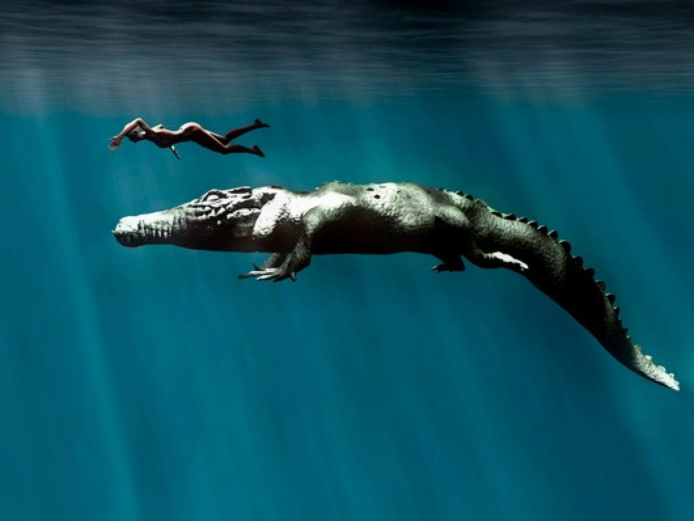 Deinozuch był krokodylem dorastającym do prawie 10 metrów długości Człowiek płynący pod wodą obok ogromnego krokodyla, światło przebijające się przez powierzchnię wody podkreśla kontrast między smukłą sylwetką człowieka a masywnym ciałem zwierzęcia.