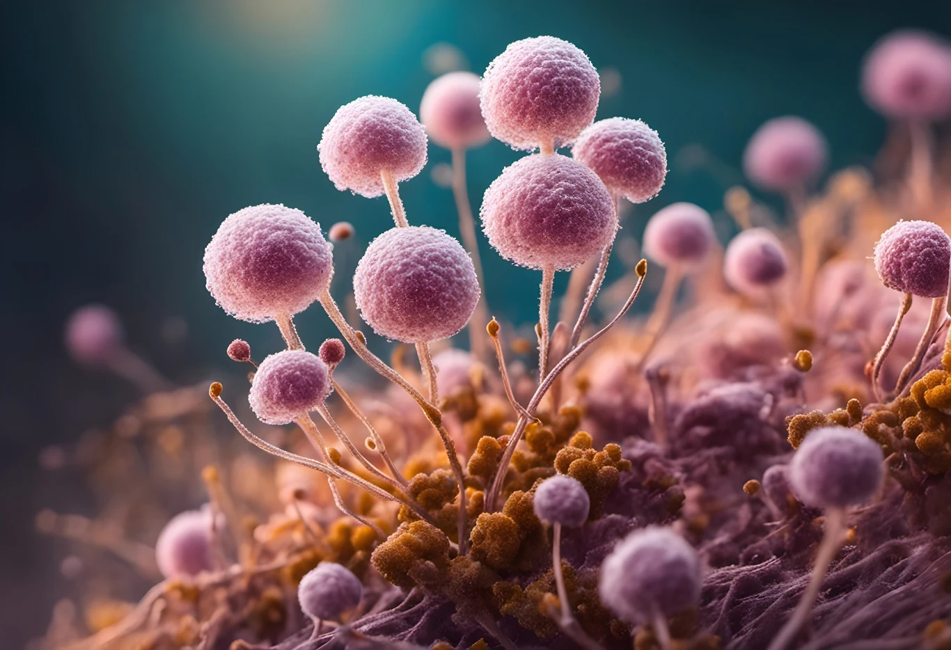 Grzyb Candida auris na dużym zbliżeniu. Zalicza się go do drożdży Różowe i fioletowe kolonie pleśni o zaokrąglonych kształtach wyrastające ze struktur przypominających spreparowaną powierzchnię drewna lub innego organicznego podłoża, na tle nieostrego, niebiesko-zielonego.