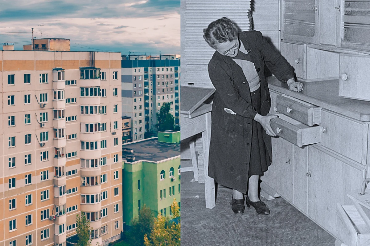 Po lewej stronie kadru nowoczesny blok mieszkalny o jasnej elewacji, po prawej stronie kobieta otwierająca szuflady w dużym, drewnianym meblu na tle wnętrza warsztatu.