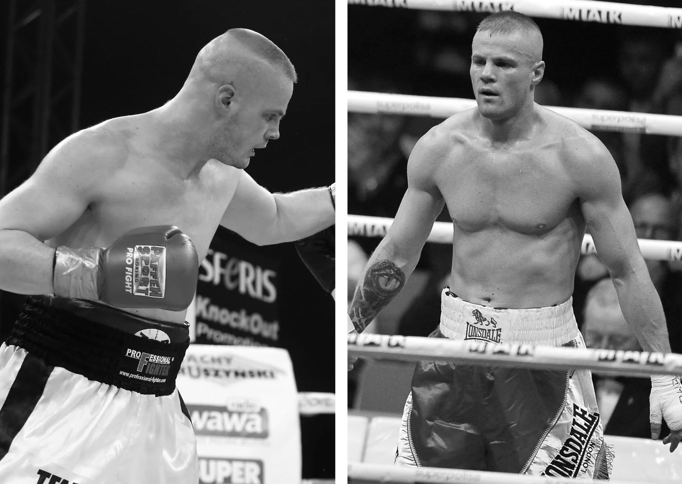 Dwóch bokserów podczas walki na ringu, ubrani w charakterystyczne spodenki i rękawice bokserskie, w tle widoczne są liny ringu oraz bannery reklamowe.