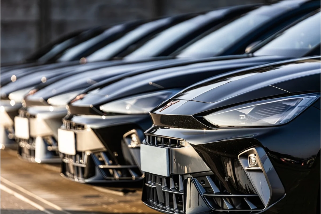 Rząd nowoczesnych czarnych samochodów ustawionych w równym szeregu, skierowanych przodem w jednym kierunku, odbijających światło na karoserii.