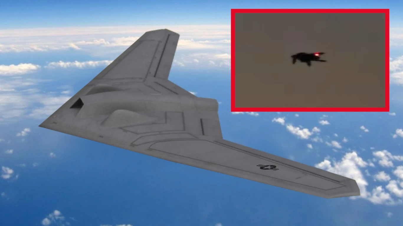 W pobliżu Wenezueli pojawił się najbardziej tajemniczy dron USA, który pomógł w ujęciu Nicolasa Maduro Nowoczesny bezzałogowy samolot wojskowy o kształcie skrzydła, unoszący się nad chmurami, w oddzielnym polu widoczne zbliżenie na drona z migającym światłem.