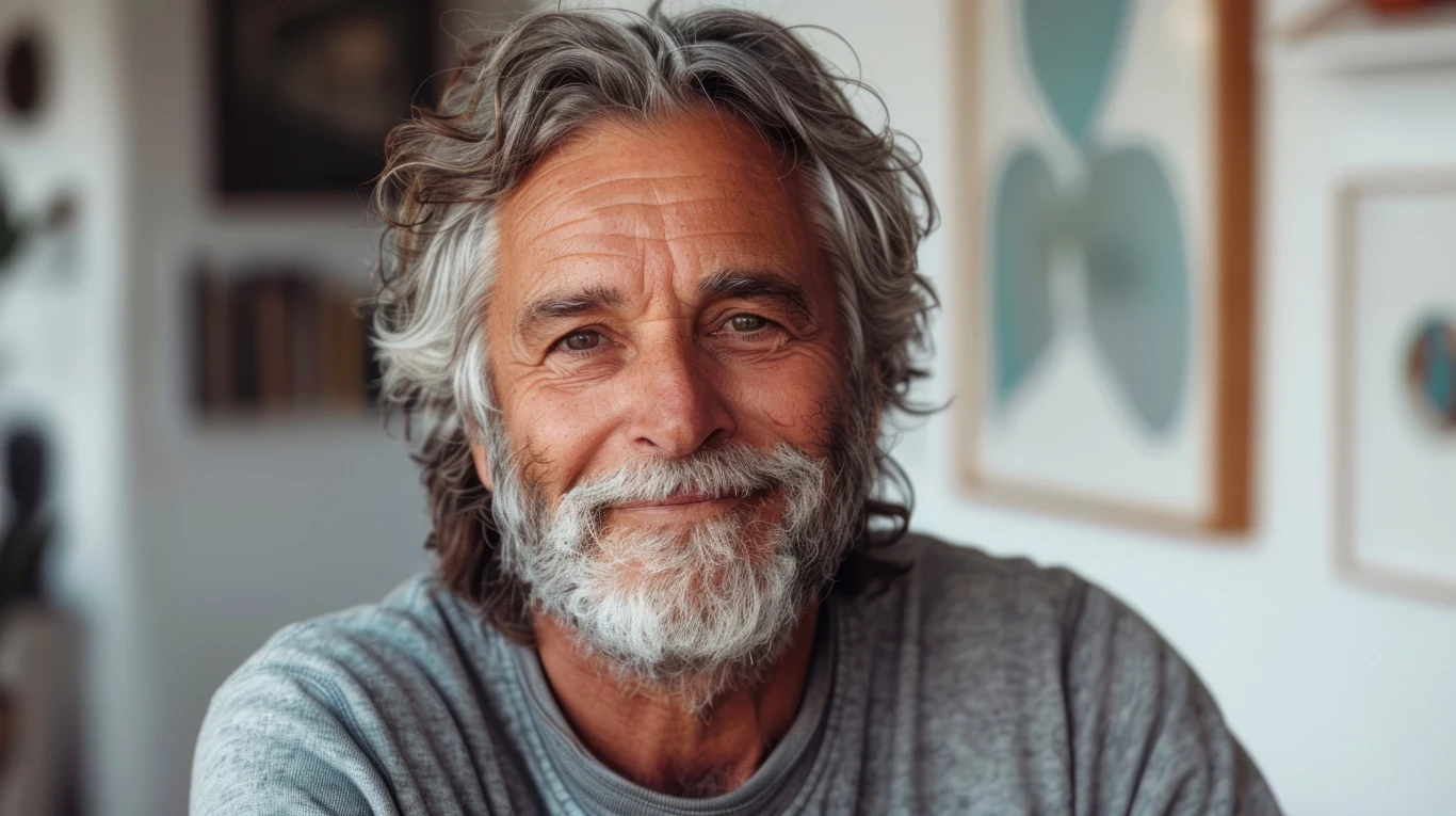 Starszy mężczyzna z siwymi włosami i brodą uśmiecha się, ubrany w szary sweter, w tle rozmyte elementy nowoczesnego wnętrza i obrazy na ścianie.