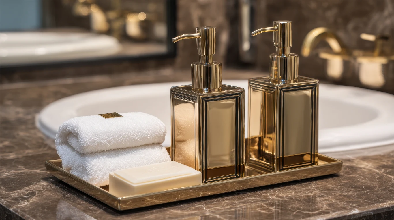 Metalowa taca ustawiona na marmurowym blacie z eleganckimi dozownikami do mydła w kolorze złota, białym ręcznikiem oraz mydłem w kostce, w tle widoczny fragment umywalki i złoty kran.
