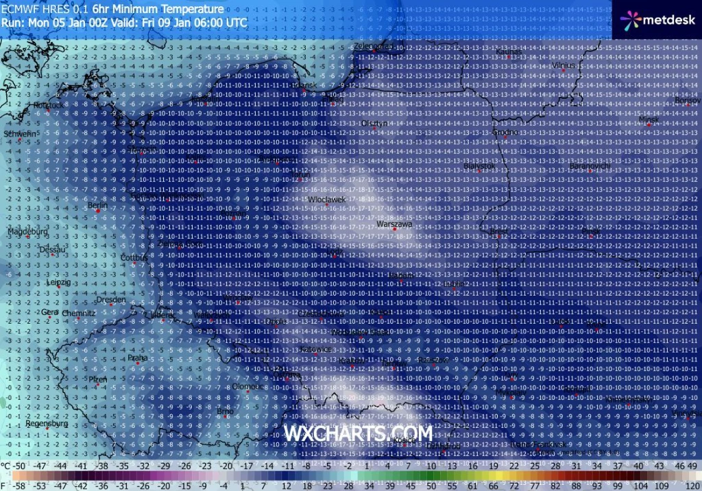 Kolorowa mapa Europy zachodniej z zaznaczonymi prognozowanymi minimalnymi temperaturami, widoczna skala temperatur w dolnej części obrazu oraz gęsta siatka wartości liczbowych rozmieszczonych na mapie.
