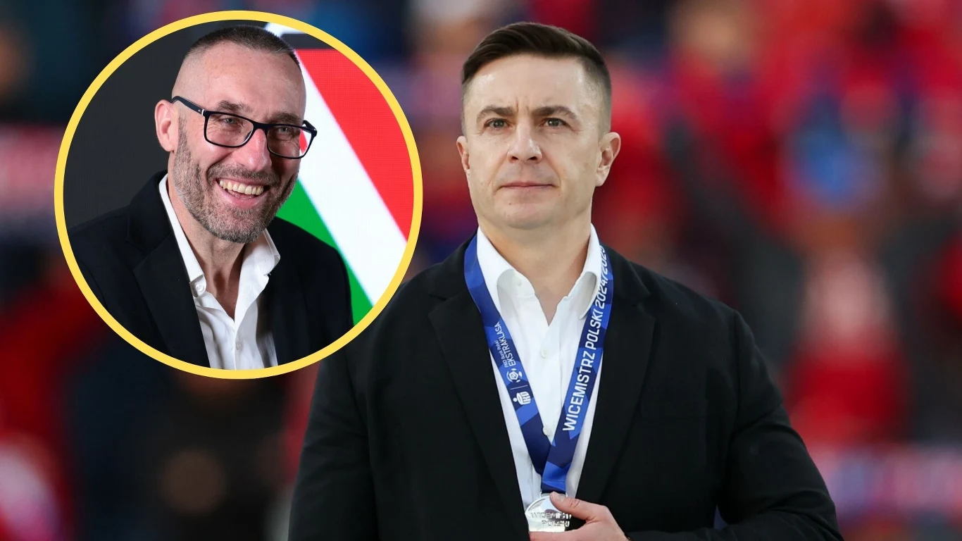 Mężczyzna w garniturze z medalem na szyi stoi na tle rozmytego stadionu, w prawym górnym rogu znajduje się wycięcie ze zdjęciem uśmiechniętego mężczyzny w okularach i z brodą, z fragmentem flagi w tle.