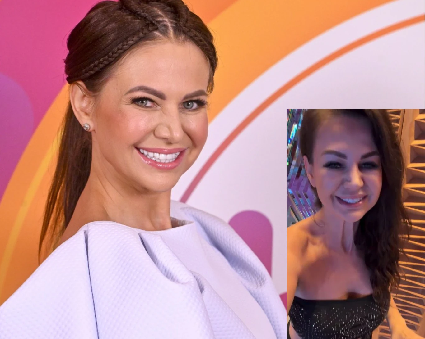 Maja Rutkowski chwali się szczupłą sylwetką Kobieta z ciemnymi włosami uczesanymi w warkoczyki uśmiecha się szeroko, ubrana w elegancką, jasno-fioletową kreację na tle kolorowej grafiki z motywem okręgu. W prawym dolnym rogu znajduje się wstawka z drugim ujęciem tej samej kobiety w ciemnej, błys...