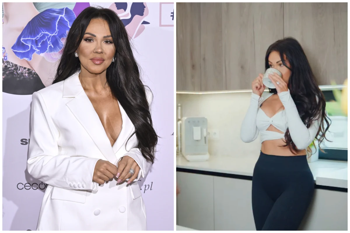 Kobieta o długich, ciemnych włosach po lewej stronie pozuje w eleganckiej białej marynarce z głębokim dekoltem na tle ściany z grafiką, po prawej stronie ta sama kobieta w sportowym stroju stoi w nowoczesnej kuchni i pije z kubka.