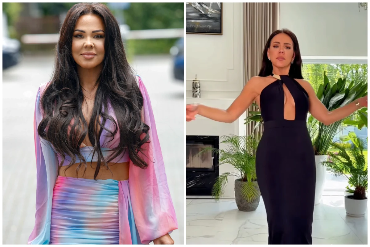 Dwie kobiety, jedna ubrana w kolorowy, dwuczęściowy zestaw na tle ulicy, druga w czarnej, eleganckiej sukni z rozcięciem na tle jasnego, nowoczesnego wnętrza z roślinami.