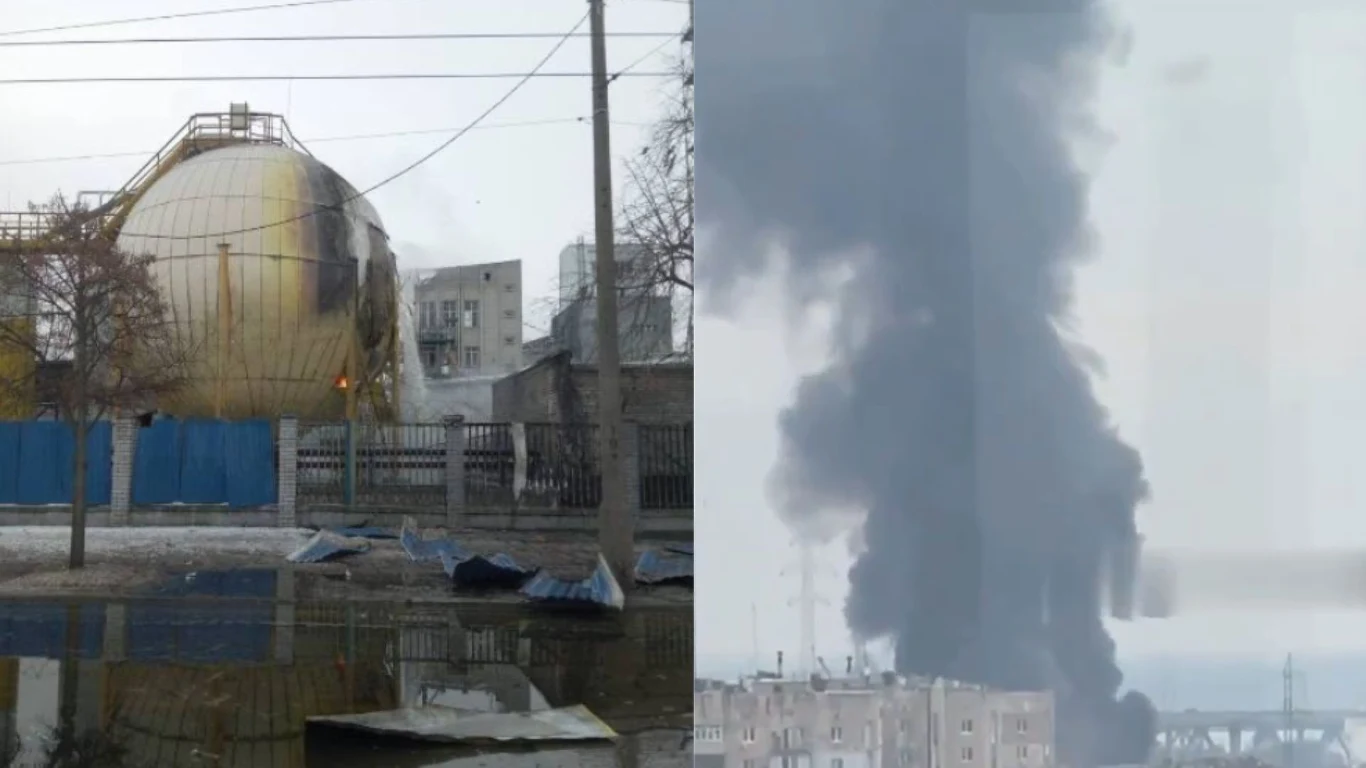 Wojna w Ukrainie. Rosyjski atak na kompleks budynków amerykańskiej firmy Bunge Uszkodzony zbiornik przemysłowy z widocznymi śladami spalenizny oraz unoszącym się gęstym, ciemnym dymem pochodzącym z pożaru na tle miejskiej zabudowy.
