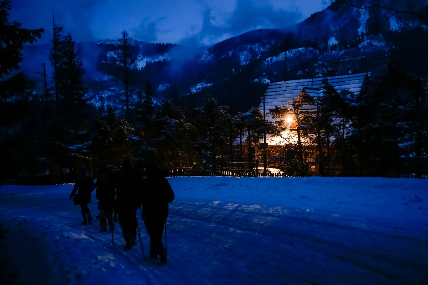 TPN rozważa całoroczny zakaz wychodzenia nocą w Tatry Grupa turystów z kijkami trekkingowymi porusza się po śnieżnej drodze w kierunku oświetlonego górskiego schroniska. W tle górskie szczyty częściowo spowite mgłą, a całość utrzymana jest w granatowej tonacji wieczoru.