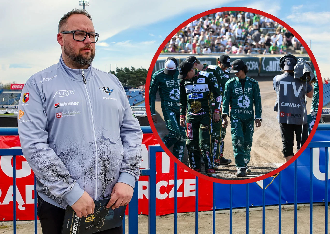 Sławomir Kryjom przerywa milczenie. Miesiąc po zwolnieniu z Unii Leszno wytypował kolejność w lidze. Mężczyzna w sportowej kurtce stojący przy barierce na stadionie żużlowym, w tle widownia. W okrągłym wycinku grupka zawodników i personel techniczny przygotowujący się przy torze podczas zawodów sportowych.