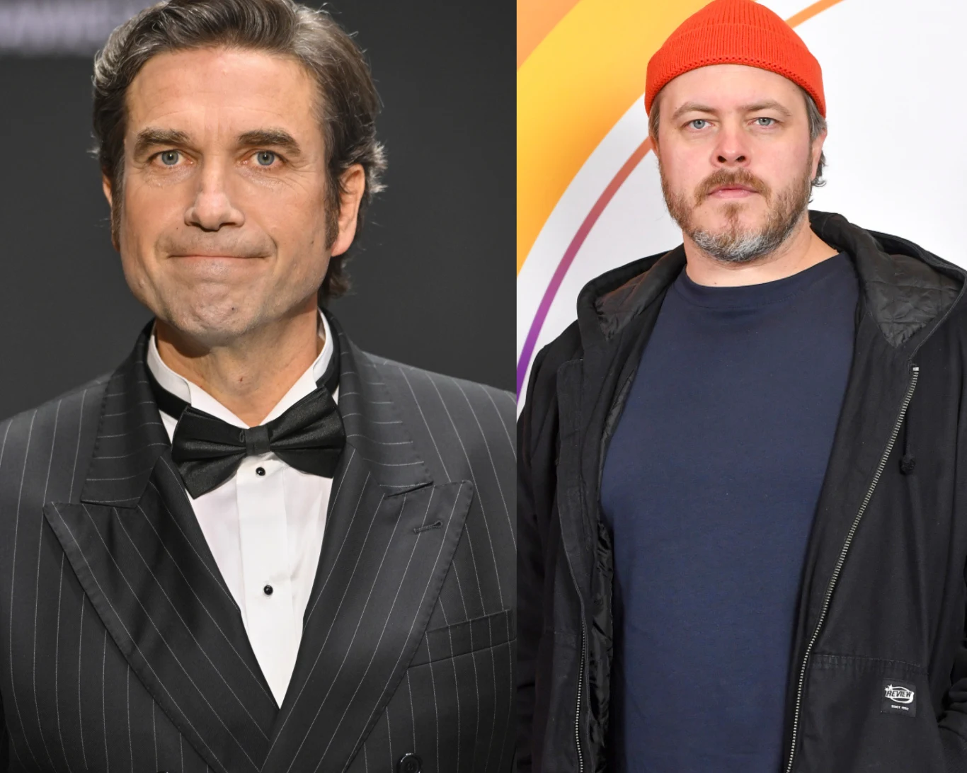 Powstanie kolejna adaptacja "Lalki"? Dwóch mężczyzn ustawionych obok siebie, po lewej stronie mężczyzna w eleganckim, czarnym garniturze z muchą, po prawej mężczyzna w sportowej kurtce i pomarańczowej czapce, na jasnym tle z kolorowymi łukami.