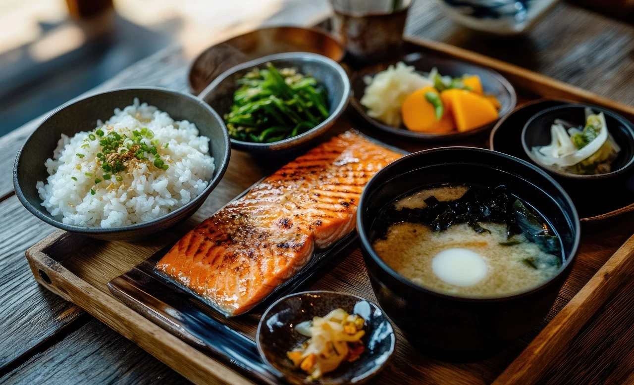 Tradycyjne japońskie śniadanie z grillowanym łososiem, zupą miso, ryżem i warzywami 