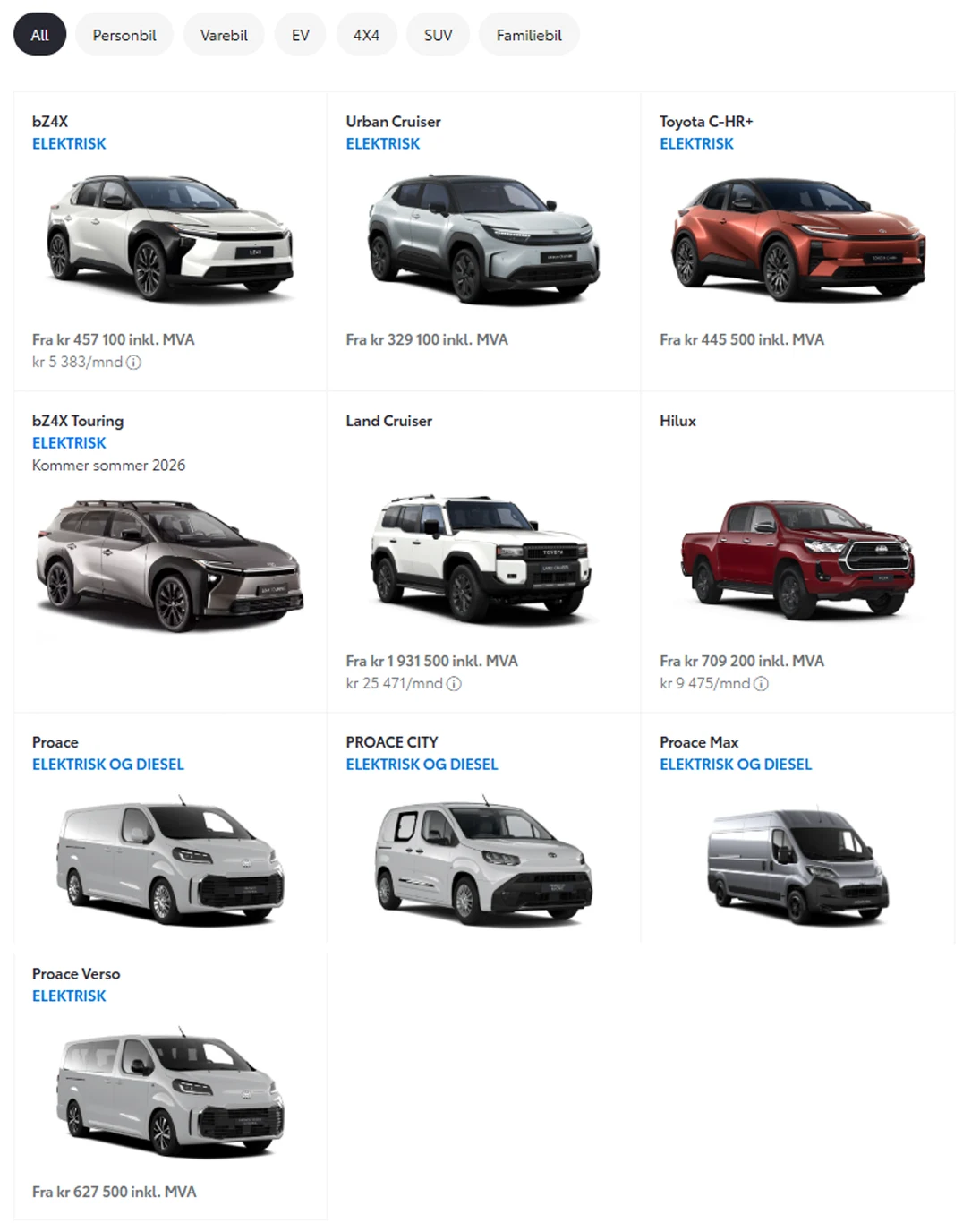 Katalog różnych modeli samochodów marki Toyota, obejmujący auta elektryczne, spalinowe oraz hybrydowe, zarówno osobowe, SUV-y, jak i dostawcze; każdy model jest podpisany nazwą, ceną oraz wersją napędu.