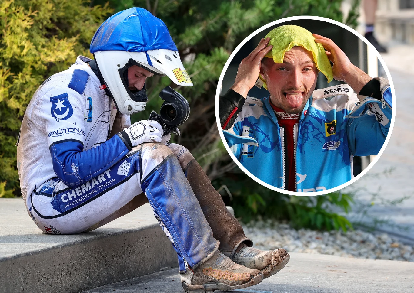 Marko Lewiszyn w Unii Tarnów się wybił, ale sezonu 2025 nie będzie wspominał miło. Zawodnik żużlowy w niebieskim kombinezonie i kasku siedzi zmęczony na stopniu, trzymając głowę w dłoniach. Na wstawce widoczny ten sam sportowiec żartobliwie robiący minę i zakładający żółtą chustę na głowę.