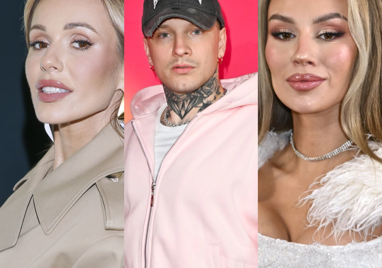 Doda, Smolasty, Klaudia "Imi" Jóźwiak Portrety trzech osób, pokazanych w zbliżeniu, każda z nich patrzy w stronę aparatu, dwie kobiety oraz mężczyzna w jasnej bluzie z kapturem i tatuażami na szyi, tło podzielone na trzy części o różnych kolorach.