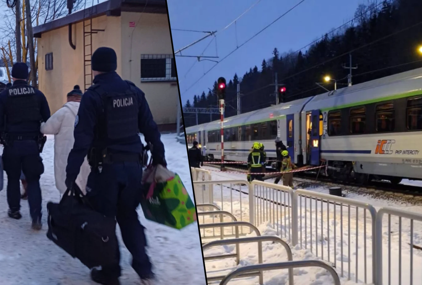 Policja ewakuowała pasażerów pociągu w Białym Dunajcu. Na torach doszło do śmiertelnego potrącenia Dwóch policjantów eskortuje osobę starszą, niosąc jej torby, obok budynku w zimowej scenerii. Drugie ujęcie przedstawia policjantów przy pociągu na zaśnieżonym peronie, obszar został odgrodzony taśmą.