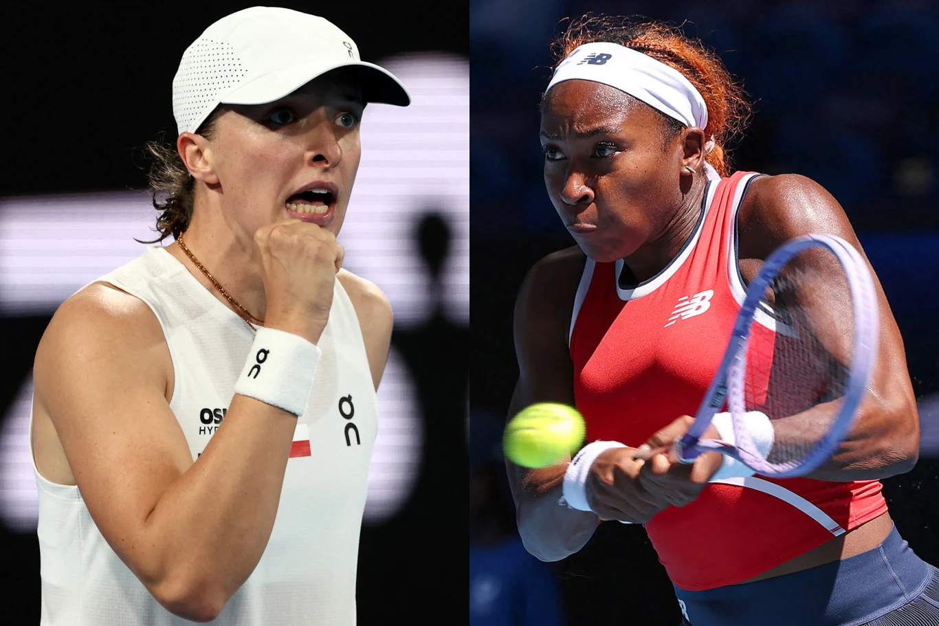 Iga Świątek może znów zagrać w Coco Gauff, tym razem w półfinale United Cup. O ile Polska wygra w piątek z Australią Dwóch sportowców podczas meczu tenisowego, po lewej zawodniczka w białej odzieży sportowej z zaciśniętą pięścią wyrażająca emocje, po prawej zawodniczka w czerwonym stroju podczas uderzenia piłki rakietą, dynamiczne ujęcie podkreślające sportową rywali...