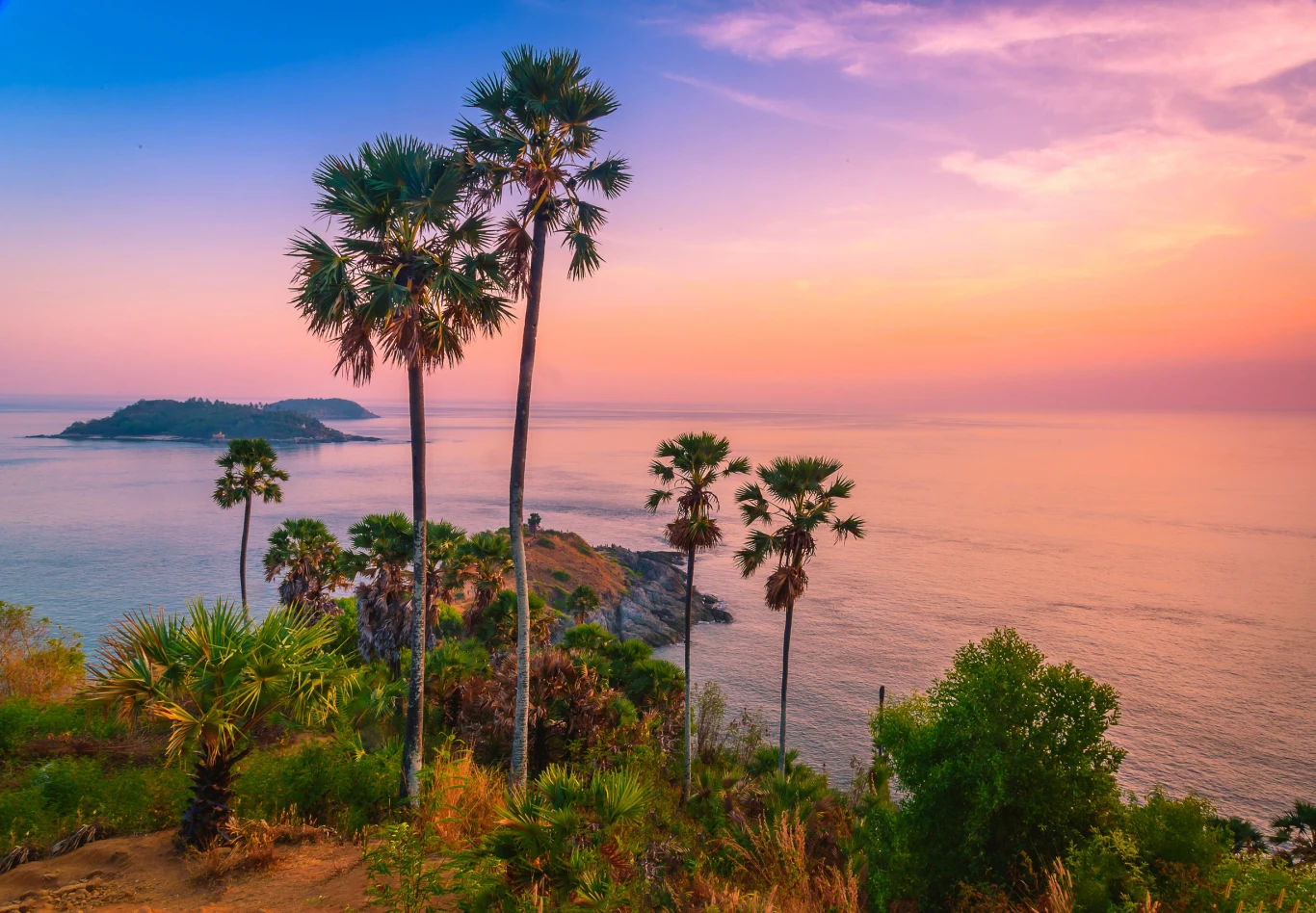 Palmy na skraju skalistego półwyspu z widokiem na spokojne morze o zachodzie słońca, na horyzoncie wyspa otoczona delikatną mgiełką, a niebo rozświetlone pastelowymi barwami.