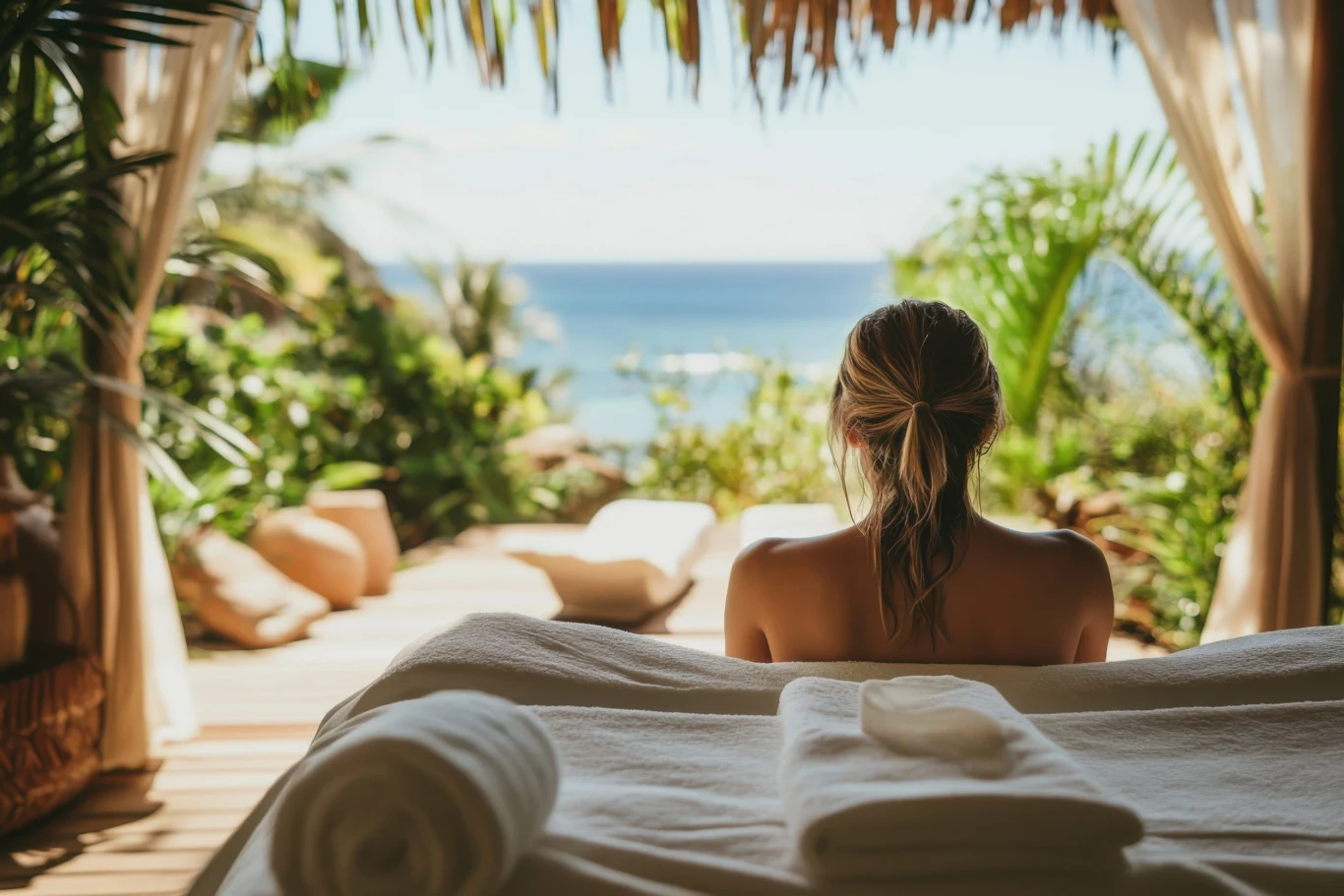 Kobieta z rozpuszczonymi włosami siedzi przy stole do masażu w otwartym, tropikalnym spa, otoczona bujną zielenią, a w tle rozciąga się widok na morze pod jasnym, słonecznym niebem.