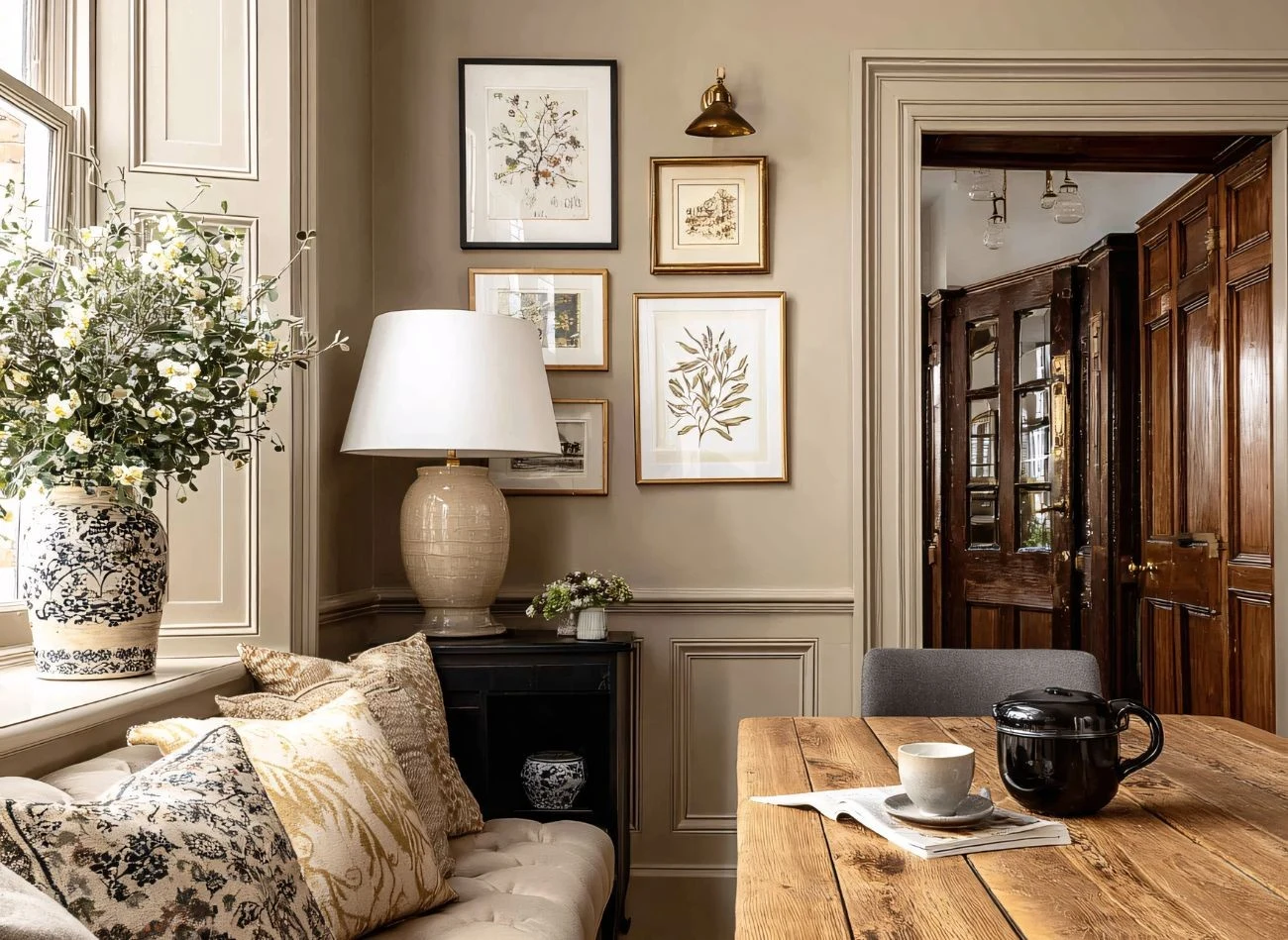 We wnętrzach angielskich dominują stonowane kolory, lite drewno oraz kwieciste wzory