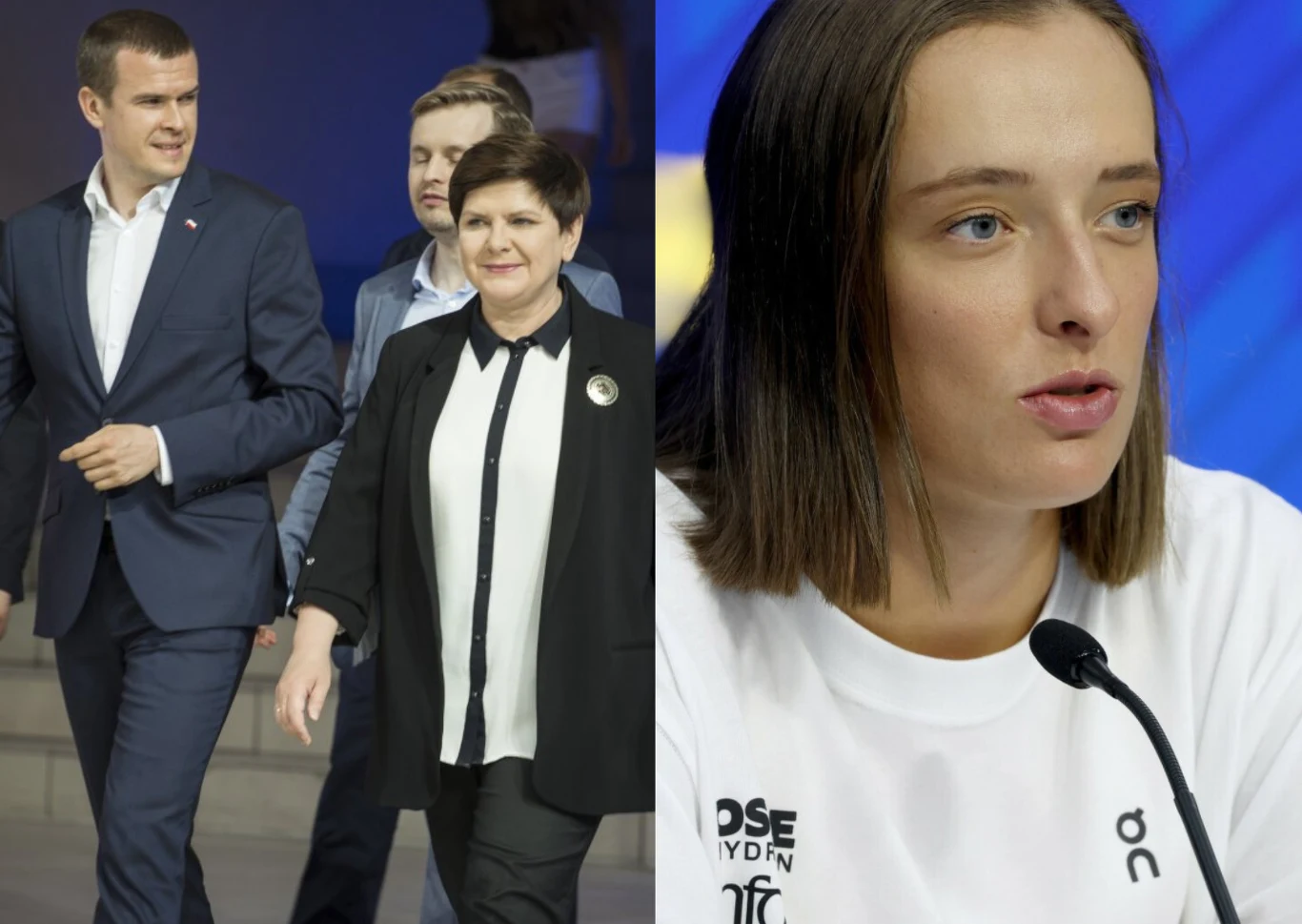 Witold Bańka, Beata Szydło i Iga Świątek Po lewej stronie grupa osób ubranych formalnie, idących razem, na czele kobieta w czarnej marynarce i białej koszuli, w tle mężczyźni, po prawej stronie młoda kobieta w białej koszulce podczas wypowiedzi do mikrofonu, patrząca w bok.