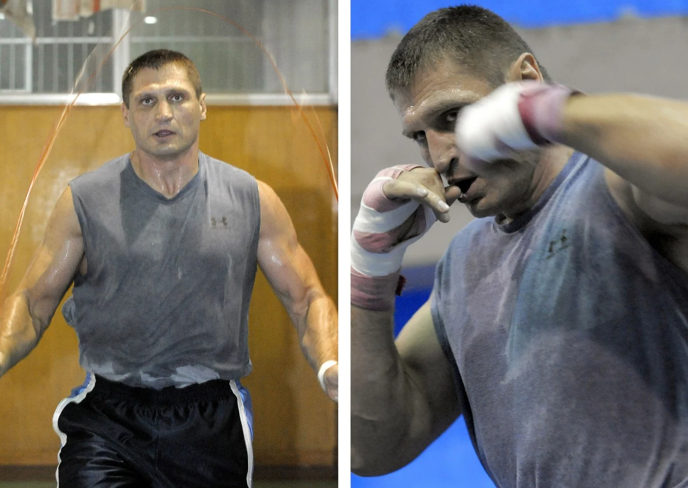 Sportowiec intensywnie trenuje na sali gimnastycznej, widać go podczas skakania na skakance oraz ćwiczeń bokserskich w rękawicach, ubrany w mokrą od potu koszulkę.