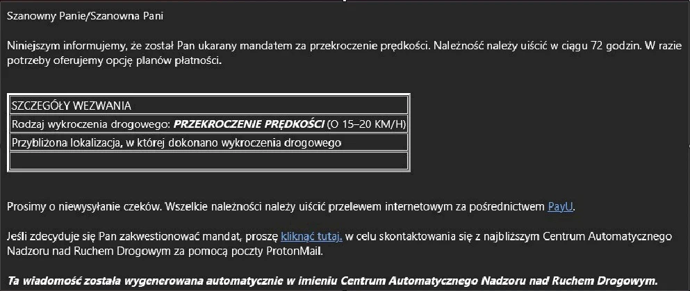 Powiadomienie o mandacie za przekroczenie prędkości z informacją o wysokości wykroczenia oraz płatności online, zawierające szczegóły o rodzaju wykroczenia i lokalizacji, z wyraźnym linkiem do zapłaty.