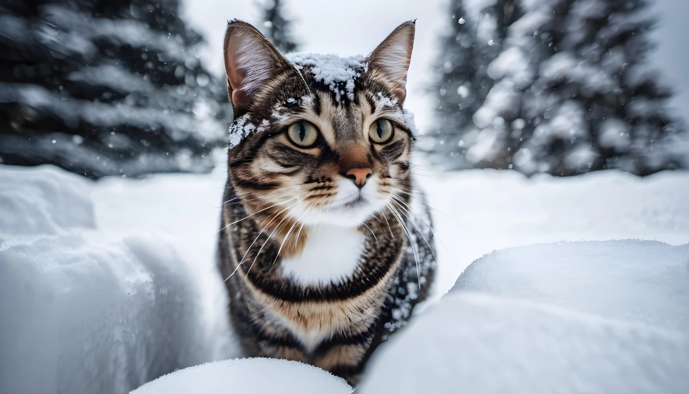 Kot o pręgowanym umaszczeniu siedzi na śniegu, z głową i grzbietem pokrytym płatkami śniegu, w tle widać ośnieżone drzewa.