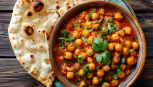 Danie z cieciorką w sosie pomidorowym z chlebkiem naan obok