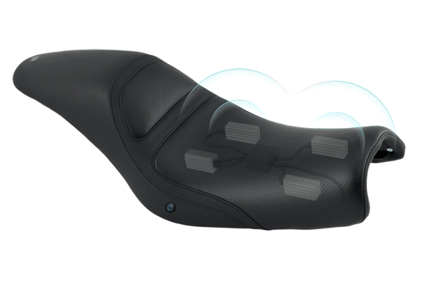 Czarne ergonomiczne siedzisko motocyklowe wyposażone w strefy wentylujące, wykonane z wysokiej jakości materiału, z cyfrową wizualizacją przepływu powietrza w miejscach chłodzenia.