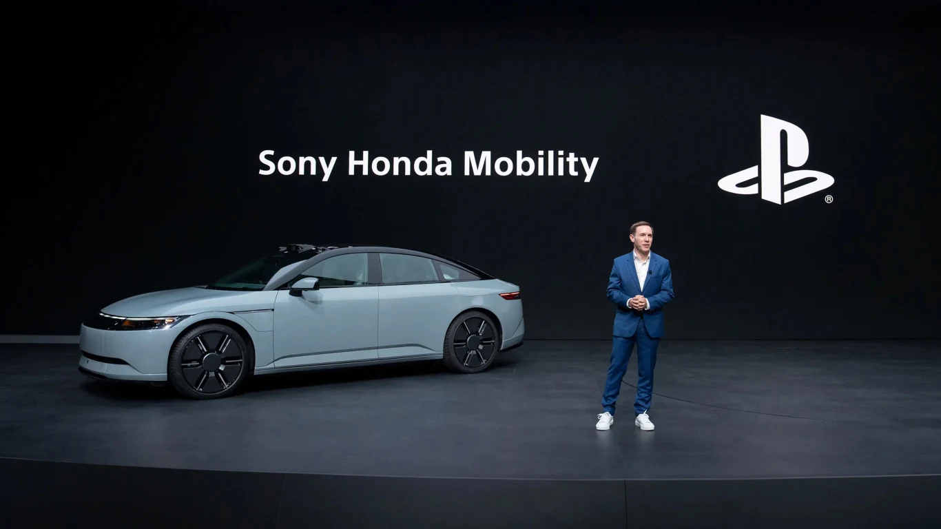 Afeela 1 nowością w ekosystemie PlayStation Nowoczesny samochód elektryczny stoi na scenie, obok niego mężczyzna w garniturze. W tle ciemna ściana z dużymi napisami Sony Honda Mobility i logotypem PlayStation.
