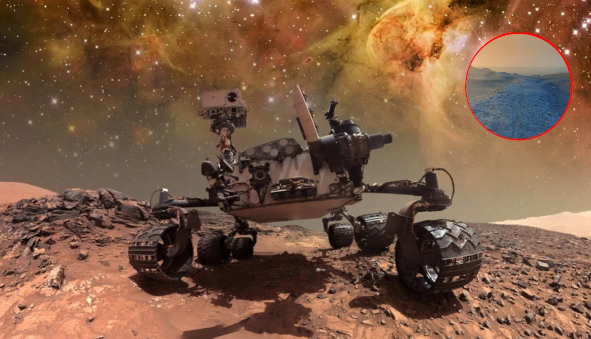 Spektakularna panorama Marsa. Łazik Curiosity zrobił ją z wysoka. Łazik marsjański poruszający się po skalistej powierzchni Marsa w otoczeniu kosmicznego nieba, w górnym rogu widoczne okrągłe wstawienie ukazujące fragment niebieskiego krajobrazu.