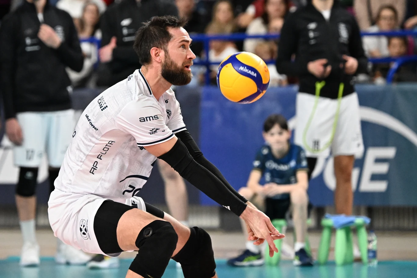 Siatkarz w białym stroju wykonuje odbiór piłki podczas meczu, widoczne skupienie na twarzy oraz kibice w tle.