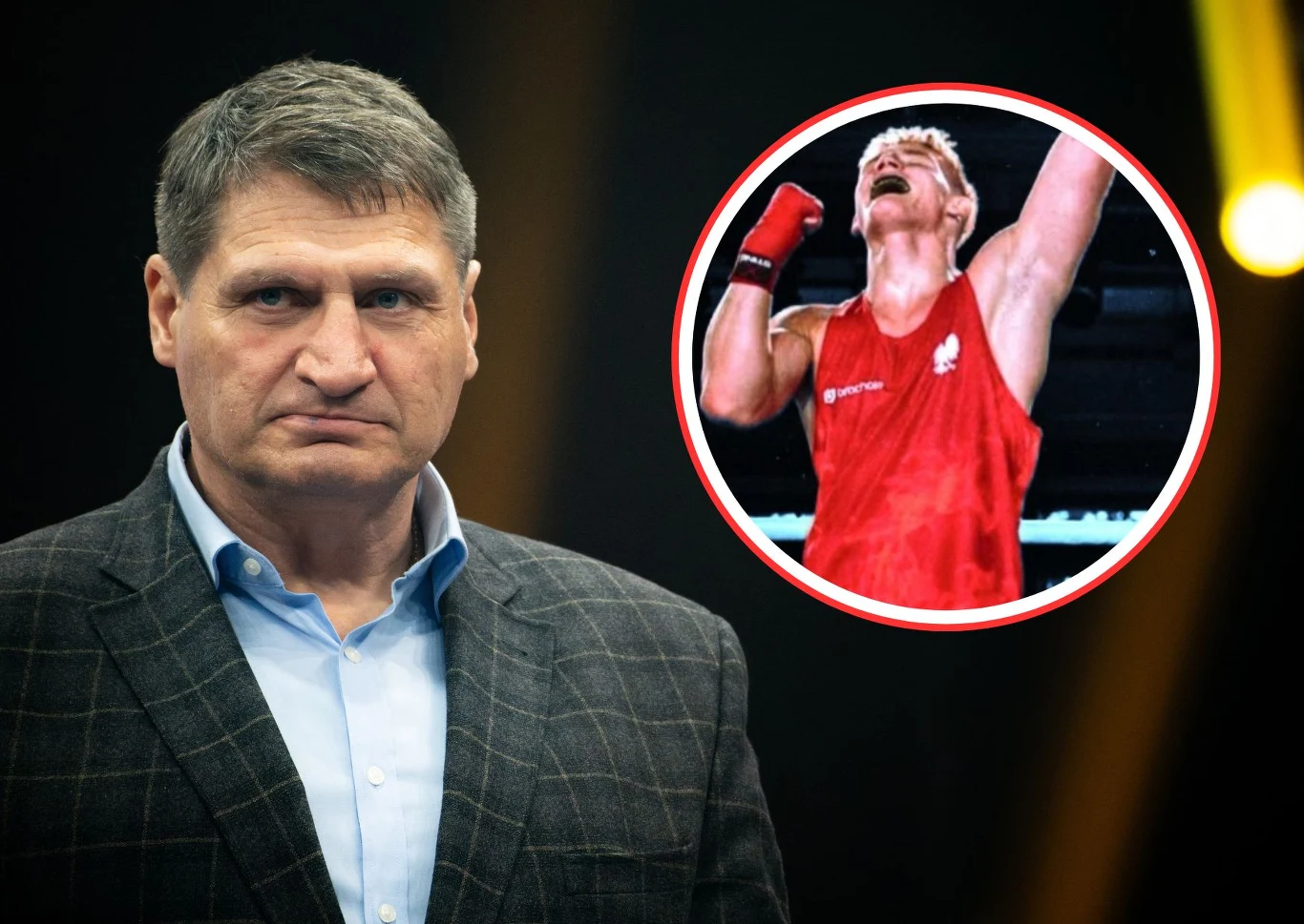 Mężczyzna w garniturze o poważnym wyrazie twarzy na pierwszym planie, w tle okrągła grafika przedstawiająca boksera w czerwonym stroju sportowym z uniesionymi triumfalnie rękami.