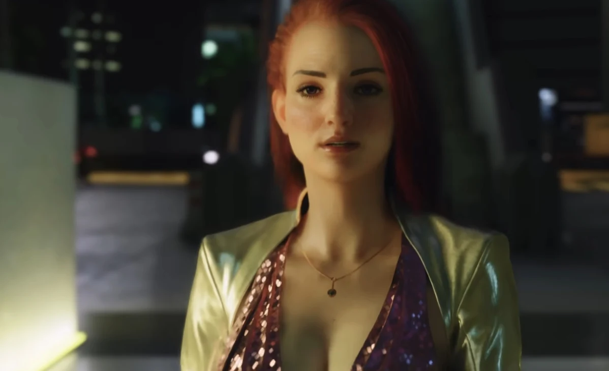 Cyberpunk 2077 Postać kobiety z rudymi włosami w połyskującej marynarce na tle oświetlonego miasta z Cyberpunka 2077