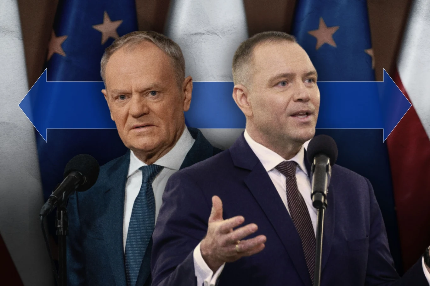 W którą stronę pójdzie rozmowa prezydenta z premierem? Dwóch mężczyzn w garniturach stoi przed mikrofonami na tle flag narodowych; w tle widoczna niebieska, dwustronna strzałka symbolizująca podział lub dyskusję.