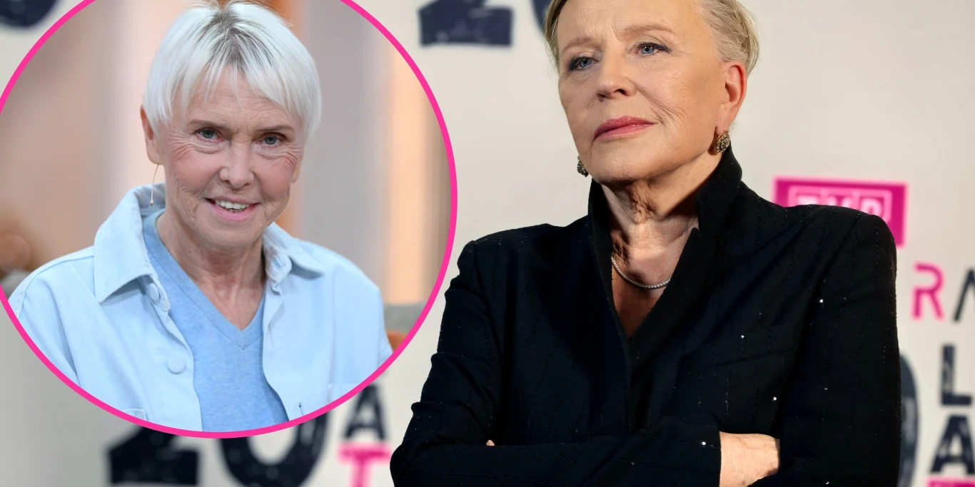 Hit Agnieszki Osieckiej początkowo nie miał trafić do Krystyny Jandy Dwie starsze kobiety, jedna w okrągłym obramowaniu z jasnymi krótkimi włosami w jasnej koszuli i druga na tle ścianki eventowej w ciemnym ubraniu z poważnym wyrazem twarzy, skrzyżowanymi rękami.