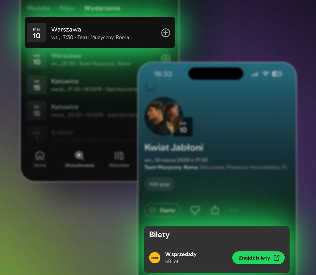 Interfejs aplikacji mobilnej wyświetlający szczegóły koncertu Kwiat Jabłoni odbywającego się 10 marca w Teatrze Muzycznym Roma w Warszawie, z widocznymi opcjami zakupu biletów oraz datą wydarzenia.