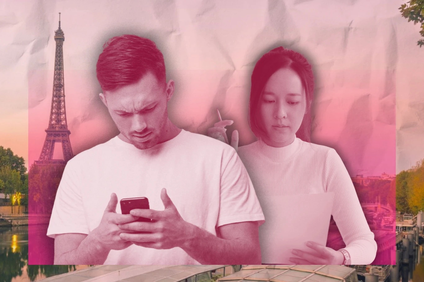 Francuzi doświadczają nowego trendu. Związki już nie są priorytetem Dwie osoby na pierwszym planie w białych koszulkach, jedna z nich skupiona patrzy na telefon, druga trzyma kartkę papieru. W tle widoczna wieża Eiffla oraz elementy krajobrazu miejskiego, wszystko w odcieniach różu i pastelowych barw.