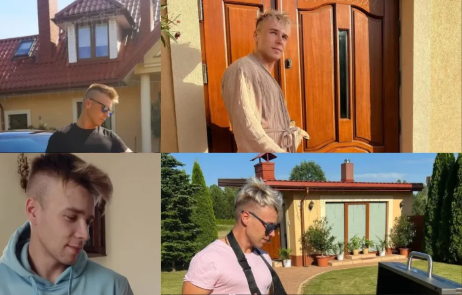 Młody mężczyzna o jasnych włosach widoczny w kilku sytuacjach – przed domem jednorodzinnym, przy grillu, pod drewnianymi drzwiami i wewnątrz domu. Na każdym ujęciu ma inny strój lub pozę, a scenerie oddają codzienne otoczenie rezydencji.