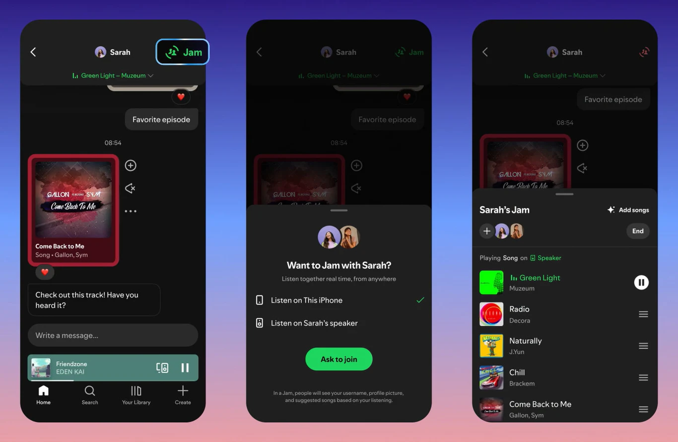 Trzy zrzuty ekranu aplikacji muzycznej pokazujące interfejs użytkownika z funkcją wspólnego słuchania, okładkę albumu, listę piosenek oraz opcję dołączenia do wspólnej sesji muzycznej z innymi użytkownikami.