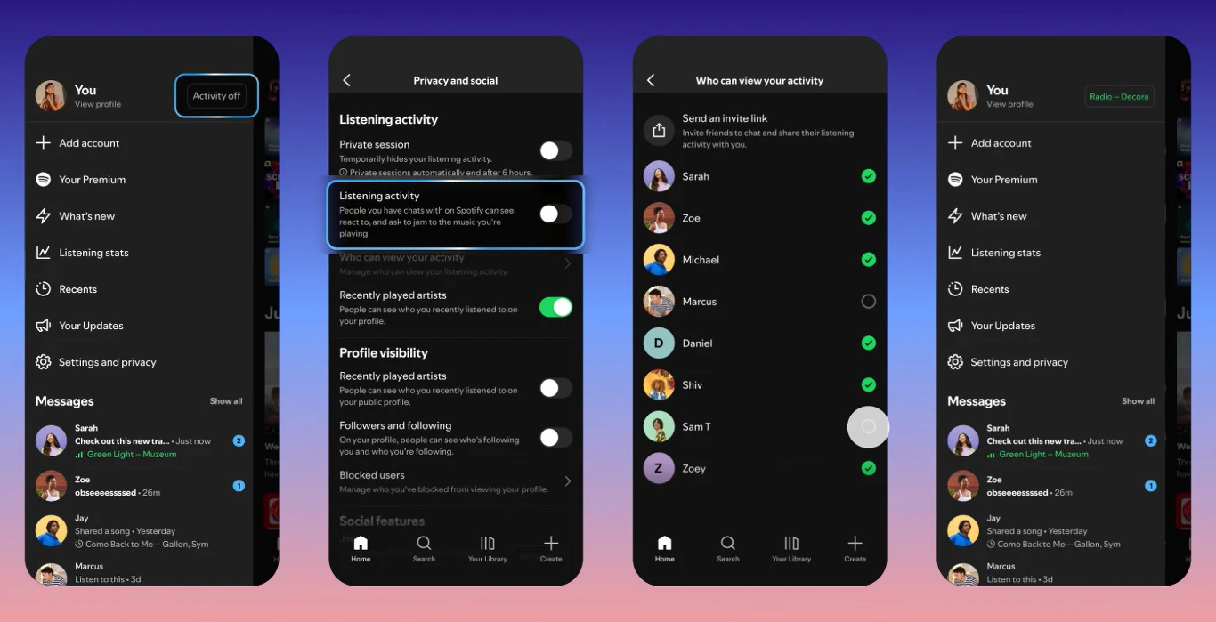 Interfejs aplikacji mobilnej pokazujący ustawienia prywatności, widoczność aktywności użytkownika oraz możliwość wyboru, kto może widzieć aktywność. Wyświetlone są listy kontaktów i przełączniki ustawień, wszystko na ciemnym tle.